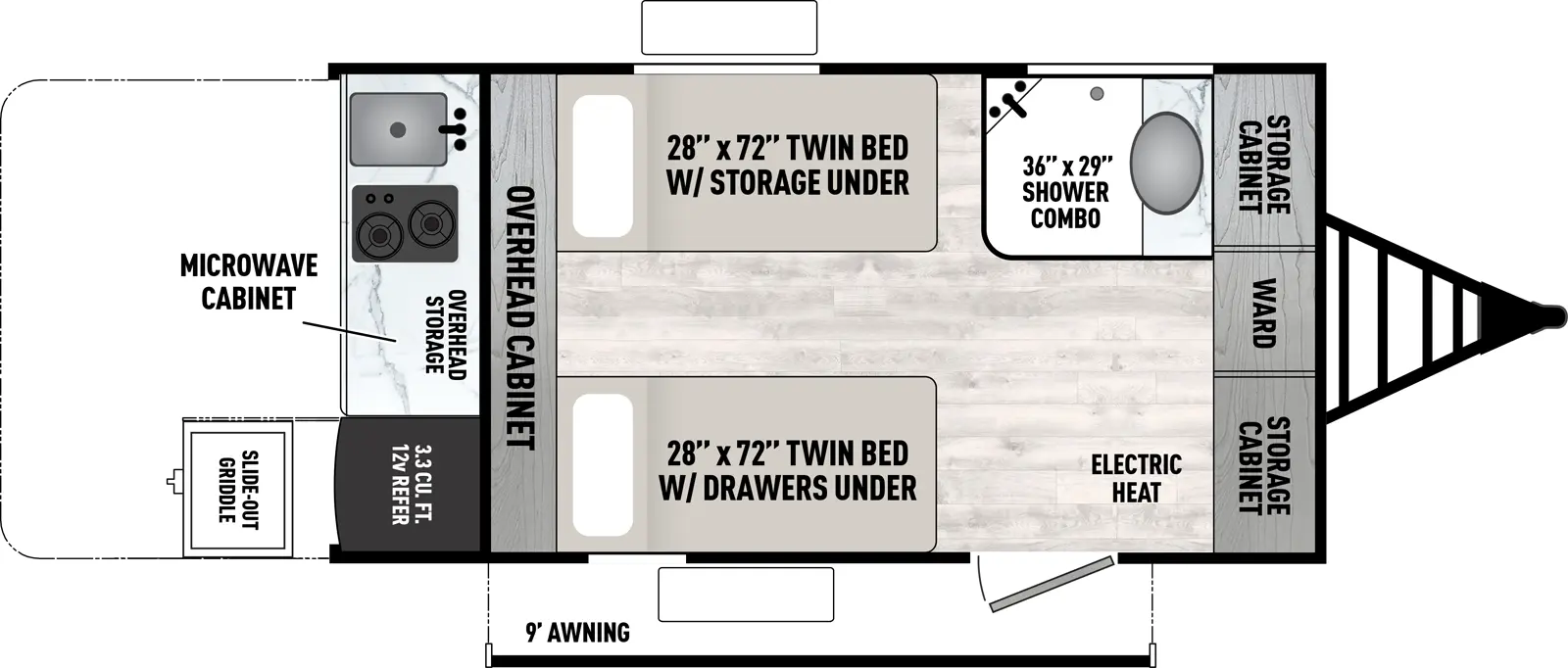 The Viking 9000 Series & 12000 Series 11000ROK floorplan has one entry and zero slide outs. Exterior features include: metal exterior, 9' awning and outside kitchen. 